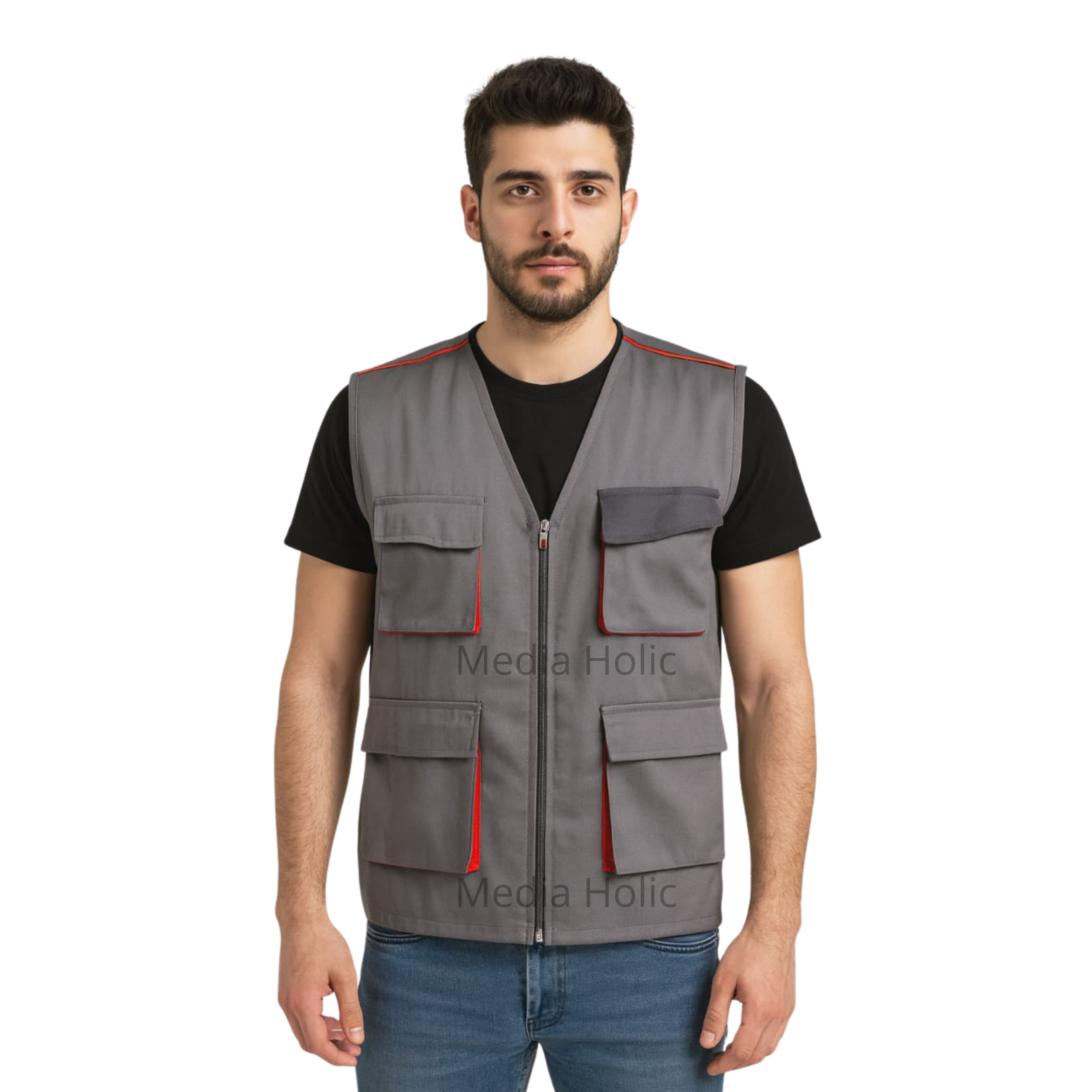 Gilet de travail multi-poches pour professionnels – Gris avec détails rouges
